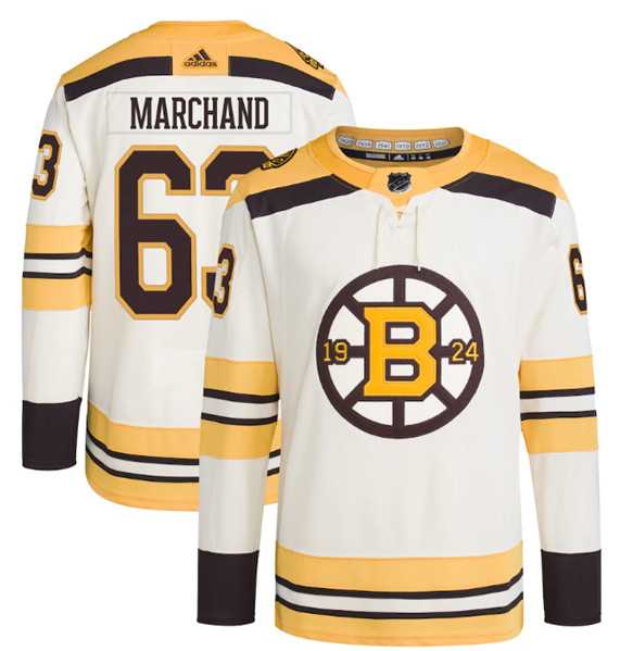 Mens Boston Bruins #63 Brad Marchand Cream 100th Anniversary Stitched Jersey Dzhi
